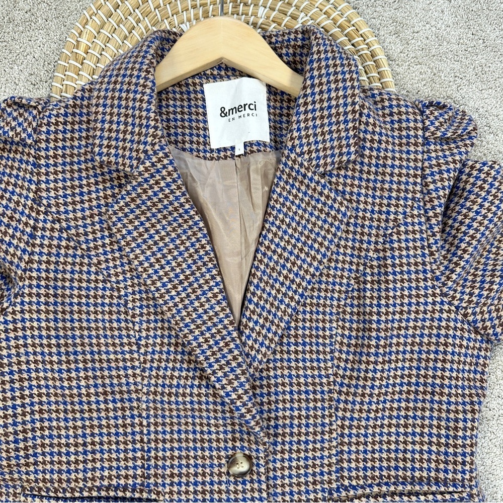 &merci Women’s Sloan Houndstooth Blazer Puff Sleeve Classic in Brown Size L - Picture 5 of 16